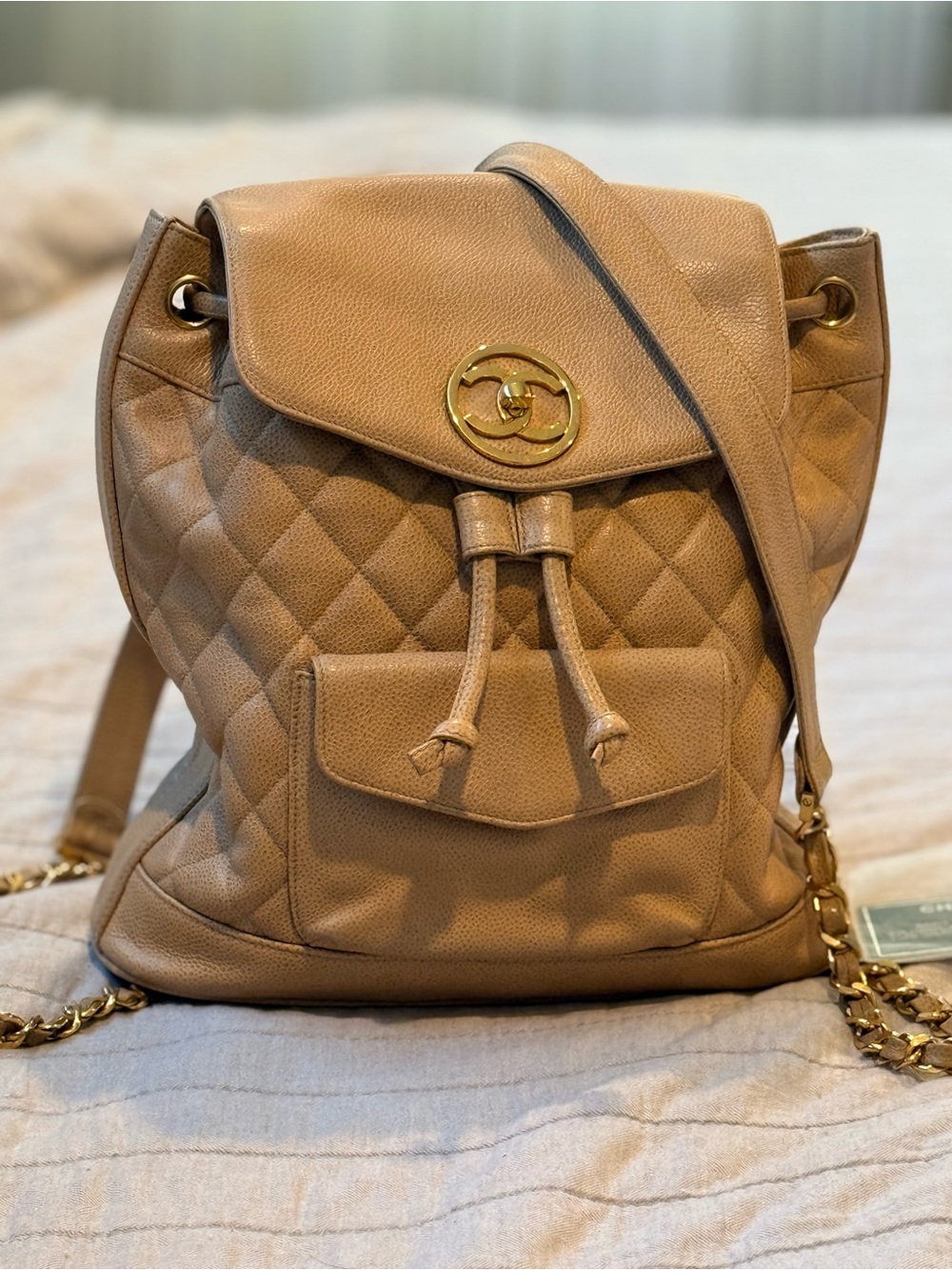 Beige Chanel Quilted Leather Backpack with Gold Hardware COA